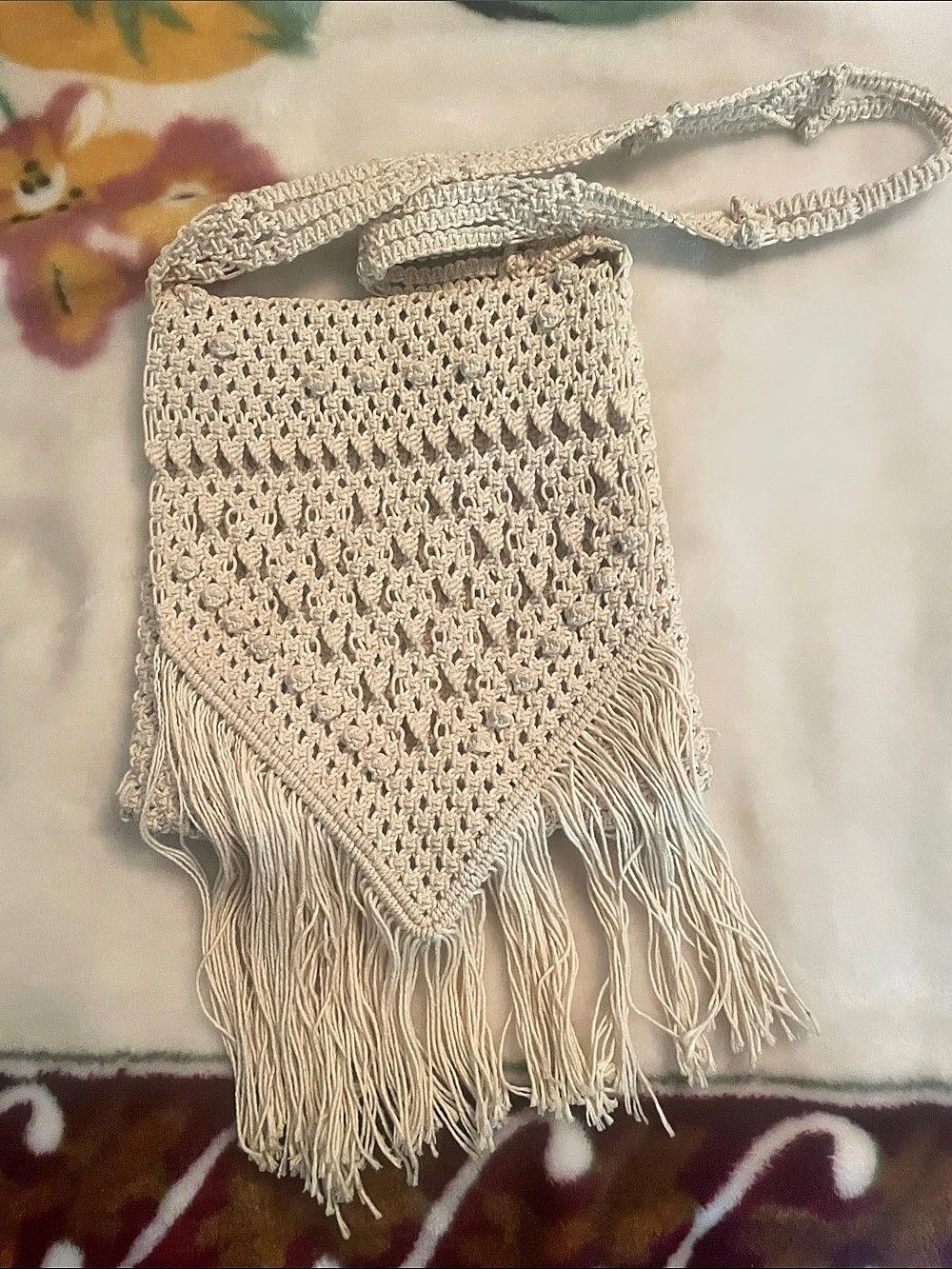 Centro Santa Rosa de Lima Crochet Fringe Shoulder Bag in Cream